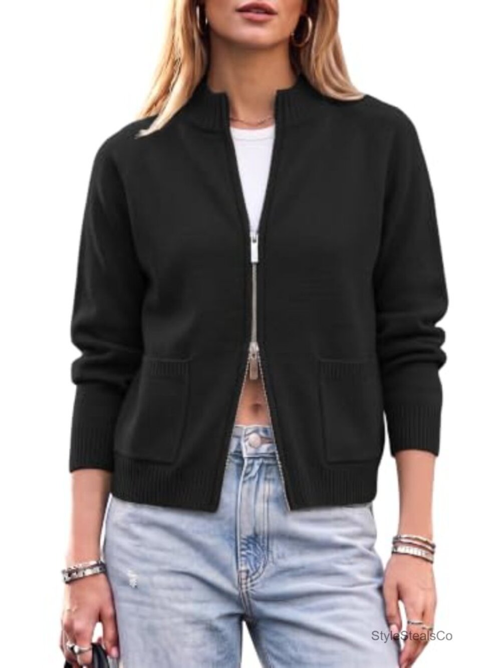 Womens Long Sleeve Zip Up Cardigan Lightweight Knit Sweater Jacket with Pockets